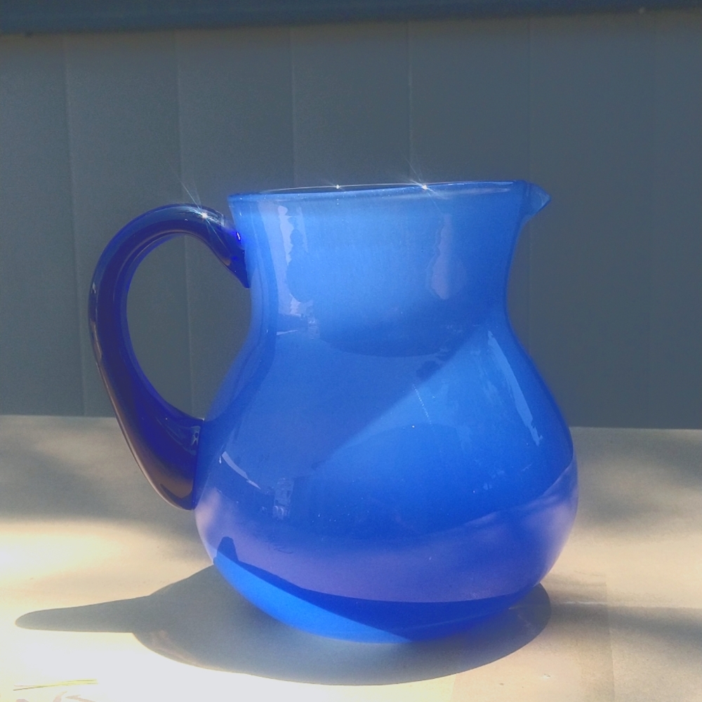 Stunning Hand Blown 36 oz. Cobalt Handled Baby Blue Glass Pitcher